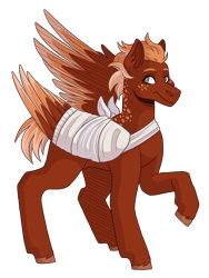 Size: 2100x2800 | Tagged: safe, artist:monnarcha, oc, oc only, oc:golden flare, pegasus, pony, bandage, broken bone, broken wing, cast, colored hooves, colored wings, freckles, high res, injured, one wing out, ponified, short tail, simple background, sling, solo, species swap, tail, transparent background, unshorn fetlocks, wings