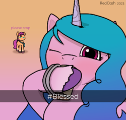 Size: 1107x1053 | Tagged: safe, artist:realdash, izzy moonbow, sunny starscout, earth pony, pony, unicorn, g5, cup, cute, drink, drinking, duo, female, gradient background, hashtag, izzybetes, looking at you, mare, one eye closed, pixel art, sunny starscout is not amused, sunnybetes, unamused, wink, winking at you
