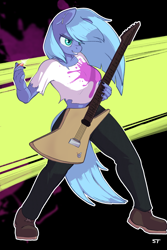 Size: 1600x2400 | Tagged: safe, artist:storyteller, oc, oc only, oc:rattlehead, earth pony, anthro, abstract background, boots, clothes, ear piercing, electric guitar, female, fingernails, guitar, midriff, musical instrument, painted nails, pants, piercing, shirt, shoes, smiling, smirk, solo