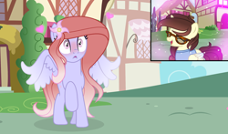 Size: 2500x1469 | Tagged: safe, artist:darbypop1, oc, oc only, oc:darby, oc:isabela calabreeze, alicorn, pegasus, pony, atg 2023, female, flower, flower in hair, glasses, mare, newbie artist training grounds