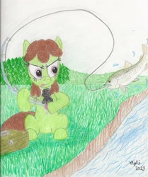 Size: 2544x3044 | Tagged: safe, artist:opti, oc, oc:broadside barb, earth pony, fish, pony, rainbow trout, atg 2023, earth pony oc, fishing, fishing rod, forest, high res, newbie artist training grounds, river, solo, traditional art, water