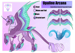 Size: 1920x1358 | Tagged: safe, artist:oneiria-fylakas, opaline arcana, alicorn, pony, g5, alternate design, colored wings, concave belly, countershading, feathered fetlocks, gradient wings, long tail, multicolored wings, pale belly, raised hoof, reference sheet, solo, tail, wings