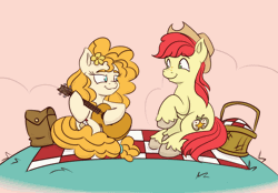 Size: 1000x696 | Tagged: safe, artist:nedemai, bright mac, pear butter, earth pony, pony, g4, the perfect pear, animated, atg 2023, basket, cute, daaaaaaaaaaaw, flower, flower in hair, gif, guitar, music notes, musical instrument, newbie artist training grounds, picnic, picnic basket, picnic blanket, wholesome