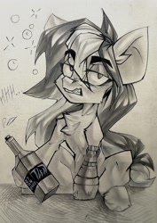 Size: 906x1280 | Tagged: safe, artist:tlen borowski, oc, oc only, pony, alcohol, amputee, belly, chest fluff, chibi, drunk, looking at you, monochrome, prosthetic limb, prosthetics, sitting, sketch, solo, sternocleidomastoid, traditional art, whiskey