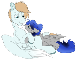 Size: 3731x2924 | Tagged: safe, artist:cold blight, oc, oc only, oc:cyan moonlight, oc:frigid fault, pegasus, pony, blushing, couple, cuddling, cute, duo, floppy ears, fluffy, high res, pegasus oc, simple background, size difference, smiling, transparent background
