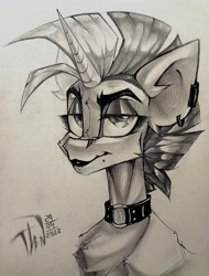 Size: 971x1280 | Tagged: safe, artist:tlen borowski, oc, oc only, oc:fragile string (scarlet rebel), pony, unicorn, bust, chest fluff, collar, ear piercing, horn, lidded eyes, lipstick, looking at you, makeup, mohawk, mole, monochrome, piercing, portrait, sketch, solo, traditional art, unicorn oc