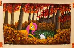 Size: 3949x2597 | Tagged: safe, artist:cahandariella, angel bunny, fluttershy, pegasus, pony, rabbit, g4, animal, autumn, duo, female, filly, filly fluttershy, forest, forest background, high res, newbie artist training grounds, painting, traditional art, younger
