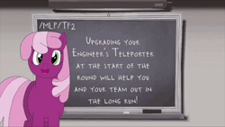 Size: 800x450 | Tagged: artist needed, safe, cheerilee, earth pony, pony, g4, /mlp/ tf2 general, animated, chalk, chalkboard, eraser, female, lesson, looking at you, mare, solo, talking to viewer, teacher, teaching, team fortress 2, text