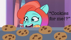 Size: 1280x720 | Tagged: safe, edit, edited screencap, screencap, jazz hooves, earth pony, pony, baby critters, g5, my little pony: tell your tale, spoiler:g5, spoiler:my little pony: tell your tale, spoiler:tyts01e32, chocolate chip cookie, cookie, cute, excited, female, food, happy, hoof polish, hooves on face, jazz hooves's ears, jazzibetes, mare, question, silly, solo, text, tray