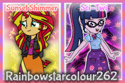 Size: 1082x720 | Tagged: safe, artist:rainbowstarcolour262, derpibooru exclusive, sci-twi, sunset shimmer, twilight sparkle, human, series:equ wallpapers, equestria girls, g4, my little pony equestria girls: better together, :d, abstract background, clothes, cute, cutie mark background, cutie mark on clothes, duo, female, geode of telekinesis, glasses, green eyes, hand behind back, happy, jacket, leather, leather jacket, magical geodes, multicolored hair, open mouth, open smile, ponytail, shimmerbetes, shirt, signature, skirt, smiling, twiabetes