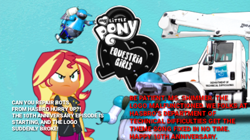 Size: 421x236 | Tagged: safe, artist:jrshinkansenhorse, derpibooru exclusive, sunset shimmer, human, robot, equestria girls 10th anniversary, equestria girls, g4, my little pony equestria girls: better together, blooper, breaking the fourth wall, comedy, equestria girls logo, fourth wall, hasbro, hasbro department of technical difficulties, meta, repairing, technical difficulties, tex the thx robot, truck, work truck