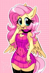 Size: 1185x1742 | Tagged: safe, artist:sillyraerae, fluttershy, anthro, g4, blushing, boob window, boots, clothes, heart shaped boob window, looking at you, open mouth, shoes, smiling, smiling at you, sweater, sweater dress, sweatershy, thigh boots