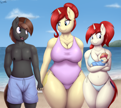 Size: 5000x4465 | Tagged: safe, artist:an-tonio, oc, oc only, oc:golden brooch, oc:silver draw, oc:twisty, unicorn, anthro, baby, baby pony, beach, belly button, big sister, bikini, breasts, busty golden brooch, cleavage, clothes, ear piercing, earring, father and child, female, goldentwist, half-siblings, holding hands, horn, illegitimate, jewelry, legs together, looking at each other, looking at someone, male, milf, mother and child, mother and daughter, oc x oc, offspring, parent:oc:golden brooch, parent:oc:twisty, parents:oc x oc, piercing, pink swimsuit, shipping, siblings, sister, swimsuit