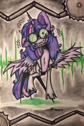 Size: 2333x3500 | Tagged: safe, twilight sparkle, alicorn, pony, g4, big grin, big smile, buzzsaw, chest fluff, circular saw, clothes, creepy, creepy grin, creepy smile, emanata, female, goggles, grin, high res, lab coat, looking at you, mad scientist, mare, messy mane, one ear down, pinpoint eyes, pointy legs, raised hoof, shaking, smiling, smiling at you, solo, spread wings, standing, thin legs, traditional art, trembling, twilight snapple, twilight sparkle (alicorn), wings