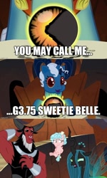 Size: 450x750 | Tagged: safe, edit, edited screencap, screencap, cozy glow, grogar, lord tirek, queen chrysalis, sweetie belle (g3), centaur, changeling, changeling queen, pegasus, pony, taur, g3, g4, newborn cuties, season 9, the beginning of the end, bow, bracer, comic, crown, crystal ball, cursed image, even evil has standards, evil lair, female, filly, foal, grogar's lair, grogar's orb, hair bow, jewelry, lair, laughing, male, mare, nervous, nervous laugh, nightmare fuel, nose piercing, nose ring, piercing, regalia, screencap comic, sweat, sweatdrop, tail, tail bow, trace