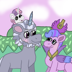 Size: 750x750 | Tagged: safe, artist:mintwhistle, alphabittle blossomforth, queen haven, sweetie belle, pegasus, pony, unicorn, g4, g5, atg 2023, beard, blushing, bush, bushy brows, clothes, cloud, colored, crown, duo focus, eyebrows, facial hair, feathered fetlocks, female, filly, flat colors, foal, freckles, g4 to g5, generation leap, grass, hiding, implied time travel, jewelry, looking at each other, looking at someone, love, male, mare, medibang paint, missing cutie mark, newbie artist training grounds, open mouth, open smile, peytral, pink sky, regalia, robe, ship:alphahaven, shipper on deck, shipping, smiling, smiling at each other, spying, stallion, straight, sweetie the shipper, trio, unaware