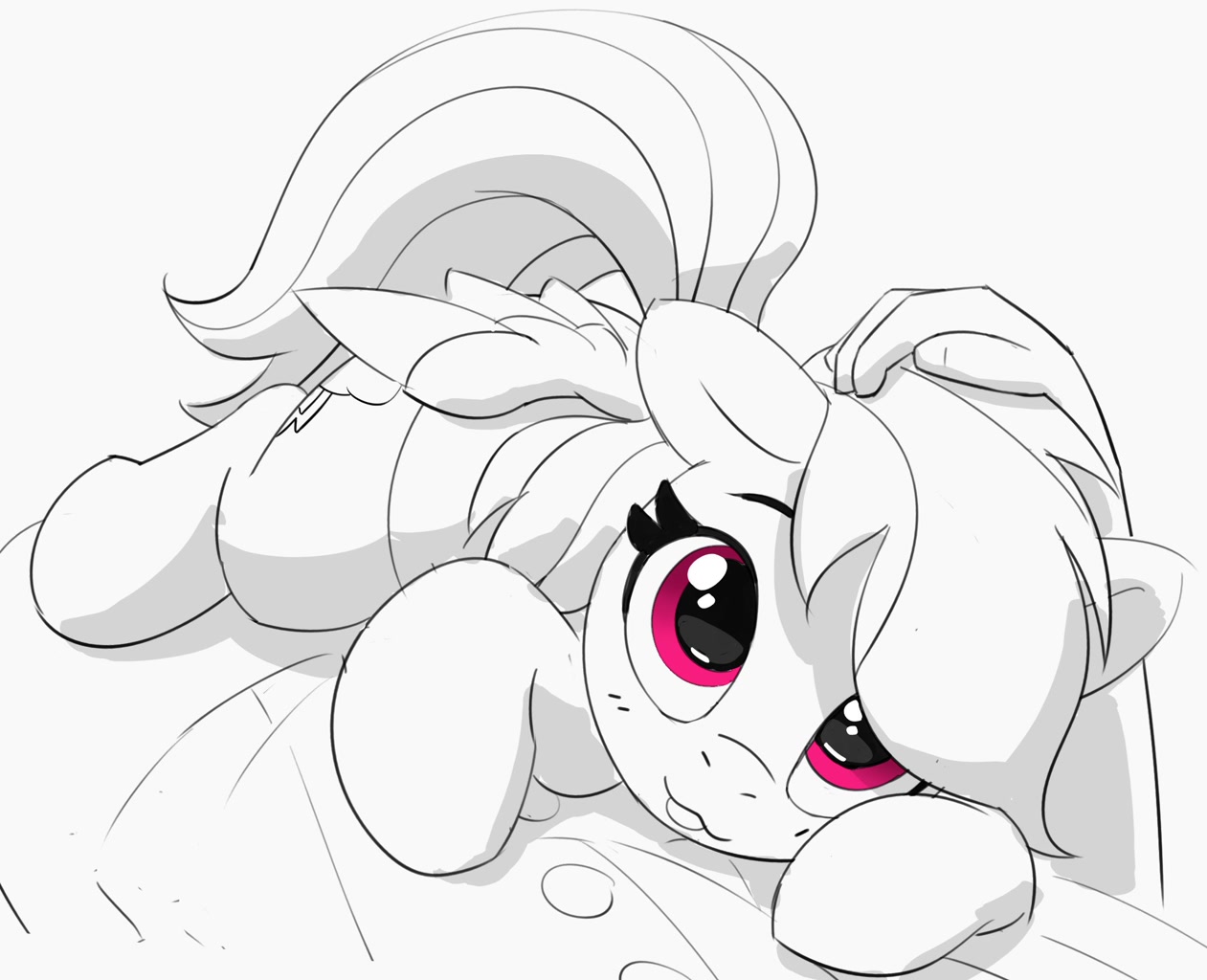 [:3,:p,cuddling,cute,female,floppy ears,grayscale,human,looking at you,mare,monochrome,pegasus,petting,pony,pov,rainbow dash,safe,simple background,snuggling,white background,tongue out,human on pony snuggling,dashabetes,partial color,hand on head,smiling,offscreen character,smiling at you,artist:pabbley]