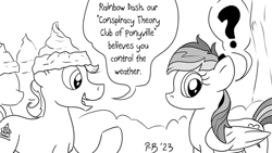 Size: 1200x675 | Tagged: safe, artist:pony-berserker, rainbow dash, oc, unnamed oc, pegasus, pony, pony-berserker's twitter sketches, pony-berserker's twitter sketches (2023), g4, conspiracy, conspiracy theory, dialogue, female, hat, male, mare, monochrome, question mark, simple background, stallion, tinfoil hat, white background