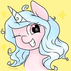 Size: 593x600 | Tagged: safe, artist:twiliset, izzy moonbow, pony, unicorn, g5, spoiler:g5, cute, eyes closed, happy, looking at you, simple background, smiling, smiling at you, solo, stars, teeth