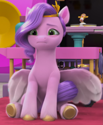 Size: 835x1019 | Tagged: safe, screencap, pipp petals, pegasus, pony, a little horse, g5, my little pony: make your mark, my little pony: make your mark chapter 4, spoiler:g5, spoiler:my little pony: make your mark, :c, female, frown, mare, sad, sitting, solo, spread wings, underhoof, wings