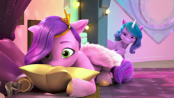 Size: 1920x1080 | Tagged: safe, screencap, izzy moonbow, pipp petals, pegasus, pony, unicorn, a little horse, g5, my little pony: make your mark, my little pony: make your mark chapter 4, spoiler:g5, spoiler:my little pony: make your mark, bed, duo, female, mare, pillow