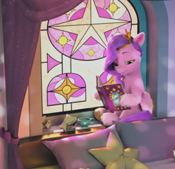 Size: 1422x1373 | Tagged: safe, screencap, pipp petals, pegasus, pony, a little horse, g5, my little pony: make your mark, my little pony: make your mark chapter 4, spoiler:g5, spoiler:my little pony: make your mark, spoiler:my little pony: make your mark chapter 4, spoiler:mymc04e06, bed, book, coat markings, comfy, cropped, crystal brighthouse, cup, curtains, diadem, female, mare, pillow, reading, sitting, socks (coat markings), solo, stained glass, teacup, underhoof, unshorn fetlocks, window