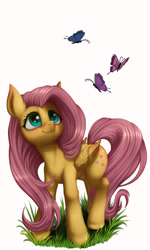 Size: 1024x1707 | Tagged: safe, artist:zetamad, fluttershy, butterfly, pegasus, pony, g4, atg 2023, cute, newbie artist training grounds, shyabetes, simple background, solo, white background