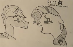 Size: 2849x1851 | Tagged: safe, artist:mlpfantealmintmoonrise, rarity, trenderhoof, pony, unicorn, g4, simple ways, atg 2023, awkward moment, crush, duo, female, in love, male, mare, monochrome, newbie artist training grounds, pen drawing, pencil drawing, signature, stallion, traditional art