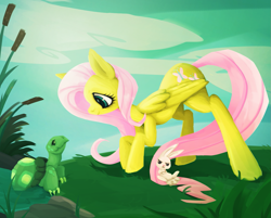 Size: 1235x992 | Tagged: safe, artist:muffinz, angel bunny, fluttershy, tank, pegasus, pony, rabbit, tortoise, g4, angel bunny is not amused, animal, female, painting, solo, swamp, unamused