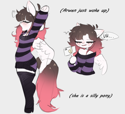 Size: 2656x2408 | Tagged: safe, artist:arwencuack, oc, oc:arwencuack, pegasus, anthro, arm hooves, clothes, fangs, high res, off shoulder, off shoulder sweater, silly, silly pony, sketch, socks, solo, stretching, sweater, thigh highs, thumbs up, yawn
