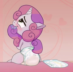 Size: 1698x1679 | Tagged: safe, artist:asdfasfasda, sweetie belle, pony, unicorn, g4, bed, bedroom, bliss, blushing, cute, diaper, diaper fetish, diaper usage, drool, female, fetish, filly, foal, happy, horn, messy diaper, non-baby in diaper, peeing in diaper, pissing, sitting, soaked diaper, solo, stained diaper, tail, tail sucking, urine, used diaper, wet diaper, wetting diaper, white diaper