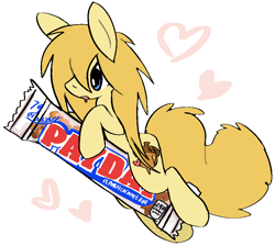 Size: 1078x964 | Tagged: safe, artist:muffinz, oc, oc only, oc:fluffer nutter, pony, chocolate bar, heart, payday, simple background, solo, white background