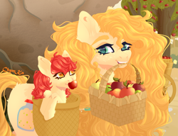 Size: 3905x3000 | Tagged: safe, artist:hell-fire13, apple bloom, pear butter, earth pony, pony, g4, going to seed, apple, apple tree, basket, duo, female, filly, foal, food, high res, looking at each other, looking at someone, mare, mother and child, mother and daughter, mouth hold, pony in a basket, scene interpretation, tree