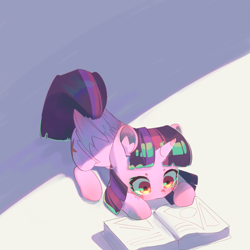 Size: 2778x2778 | Tagged: safe, artist:luxaestas, twilight sparkle, alicorn, pony, g4, blushing, book, bookhorse, crouching, cute, female, high res, lying down, reading, solo, studying, twiabetes, twilight sparkle (alicorn)