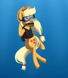 Size: 4096x4664 | Tagged: artist needed, safe, applejack, earth pony, pony, g4, absurd resolution, applejack's hat, bubble, cowboy hat, crepuscular rays, cute, digital art, dive mask, female, flowing mane, flowing tail, goggles, green eyes, hat, lidded eyes, mare, ocean, scuba diving, scuba gear, scuba tank, smiling, solo, sunlight, swimming, tail, underwater, water, wetsuit, yellow mane