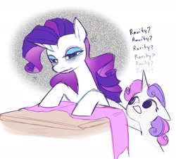 Size: 2199x1988 | Tagged: safe, artist:syrupyyy, rarity, sweetie belle, pony, unicorn, g4, annoying, bags under eyes, belle sisters, duo, fabric, female, filly, floppy ears, foal, horn, mare, pestering, poking, rarity is not amused, siblings, simple background, sisters, static, this will end in tears, tired, unamused, white background