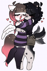 Size: 1362x2036 | Tagged: safe, artist:arwencuack, oc, oc only, oc:arwencuack, dog, pegasus, anthro, arm hooves, bandaid, bandaid on nose, blushing, chibi, clothes, duo, eyes closed, furry, heart, hug, off shoulder, off shoulder sweater, sketch, socks, sweater, tail, tail wag, thigh highs