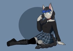 Size: 2048x1423 | Tagged: safe, artist:mscolorsplash, oc, oc only, earth pony, anthro, plantigrade anthro, blue background, boots, braid, braided tail, choker, clothes, crossdressing, male, male oc, plaid skirt, shoes, simple background, sitting, skirt, smiling, solo, tail