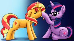 Size: 3840x2160 | Tagged: safe, artist:stellardust, sci-twi, sunset shimmer, twilight sparkle, pony, unicorn, equestria girls 10th anniversary, equestria girls, g4, 4k, boop, duo, equestria girls ponified, eyes closed, female, gradient background, high res, mare, open mouth, sitting, standing, unicorn sci-twi