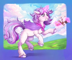 Size: 2048x1732 | Tagged: safe, artist:birdoffnorth, oc, oc only, pony, unicorn, cheek fluff, chest fluff, coffee, fluffy, magic, solo, telekinesis, unshorn fetlocks