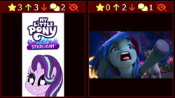 Size: 1196x672 | Tagged: safe, edit, edited screencap, screencap, starlight glimmer, pony, unicorn, derpibooru, bridlewoodstock (make your mark), equestria girls, equestria girls specials, g4, g5, my little pony equestria girls: mirror magic, my little pony: make your mark, my little pony: make your mark chapter 4, my little pony: make your mark chapter 6, secrets of starlight, spoiler:g5, spoiler:my little pony: make your mark, spoiler:my little pony: make your mark chapter 4, spoiler:my little pony: make your mark chapter 6, spoiler:mymc04e01, spoiler:mymc06e04, 2023 marketing plans, aaaaaaaaaa, beret, bridlewoodstock, faic, female, hat, juxtaposition, juxtaposition win, mare, meme, meta, open mouth, pointing, scared, unnamed character, unnamed pony