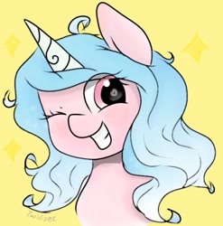 Size: 593x600 | Tagged: safe, artist:twiliset, izzy moonbow, pony, unicorn, g5, spoiler:g5, beautiful, blushing, cute, eyes closed, heart, heart eyes, looking at you, simple background, smiling, smiling at you, solo, stars, teeth, wingding eyes, yellow background