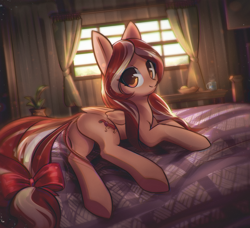 Size: 3502x3198 | Tagged: safe, artist:mirroredsea, oc, oc only, oc:cherry blossom, pegasus, pony, g4, bed, bow, commission, cottagecore, curtains, female, high res, looking at you, looking back, looking back at you, lying down, mare, mug, potted plant, solo, tail, tail bow, window