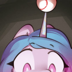 Size: 2021x2021 | Tagged: safe, artist:mirroredsea, izzy moonbow, pony, unicorn, g5, ball, baseball, bust, cute, female, high res, horn, horn guard, hornball, izzy impaling things, izzybetes, mare, portrait, solo, sports, webcam
