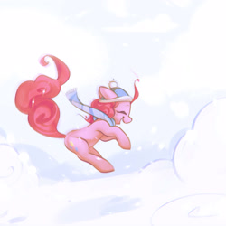Size: 4000x4000 | Tagged: safe, artist:mirroredsea, pinkie pie, earth pony, pony, g4, absurd resolution, clothes, cute, diapinkes, eyes closed, female, hat, mare, open mouth, scarf, smiling, snow, solo, winter