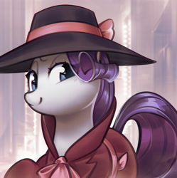Size: 3883x3900 | Tagged: safe, alternate version, artist:mirroredsea, rarity, pony, unicorn, g4, clothes, cute, detective rarity, eye clipping through hair, female, hat, high res, lidded eyes, looking at you, mare, raribetes, smiling, solo
