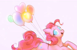 Size: 4989x3238 | Tagged: safe, artist:mirroredsea, pinkie pie, earth pony, pony, g4, absurd resolution, balloon, colored pupils, cute, diapinkes, female, floating, happy, heart, heart balloon, looking at you, mare, open mouth, party balloon, simple background, smiling, solo, then watch her balloons lift her up to the sky