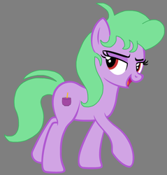Size: 2020x2116 | Tagged: safe, artist:cat-ria, artist:star polaris and friends, derpibooru exclusive, grape stem, earth pony, pony, g4, base used, cute, female, grapebetes, gray background, headcanon, high res, lidded eyes, looking back, mare, older, older grape stem, raised hoof, red eyes, simple background, smiling, solo