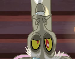 Size: 1204x953 | Tagged: safe, screencap, discord, draconequus, discordant harmony, g4, season 7, bust, grin, looking at camera, male, smiling, solo, upside down, white hair