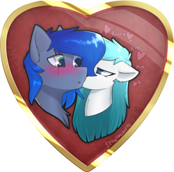 Size: 2802x2766 | Tagged: safe, artist:hellblazer911, oc, oc only, oc:navy blitz, oc:sky cloud, pegasus, pony, blushing, bust, commission, duo, ear fluff, eye scar, facial scar, female, floppy ears, heart, high res, kissing, long mane, looking at each other, looking at someone, male, mare, oc x oc, pegasus oc, scar, shipping, simple background, stallion, text, transparent background, watermark